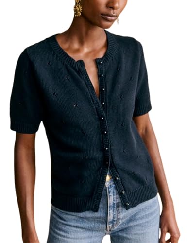 Image of Bianstore Women's Casual Short Sleeve Crewneck Button Down Cardigan Sweater Crochet Knit Top