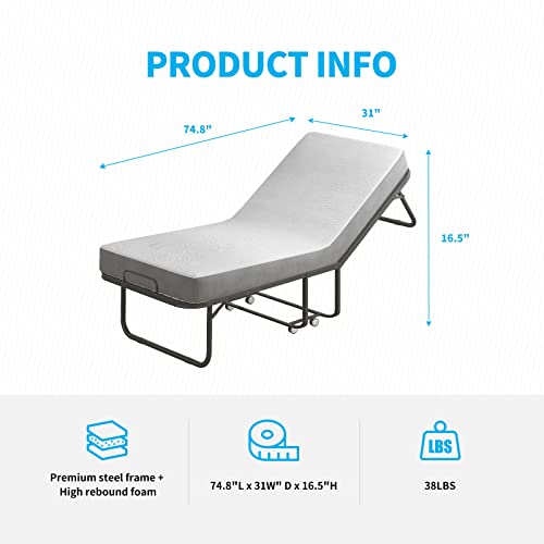Mjkone Folding Bed With Mattress, Twin Size Portable Bed, 75” X 31" Space Saving Fold Up Bed For Easy Storage, Foldable Bed Frame With 4 Pcs Lockable Wheels #TOP2