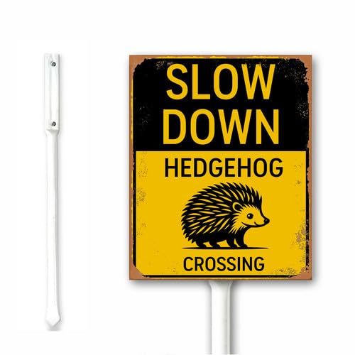 18x22 CM Vintage Slow Down - Hedgehog Crossing Sign With Stakes - Hedgehog Aluminum Sign for Street Road Garden Lawn - Sturdy and Strong Rust Free Easy Mounting