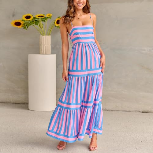 Image of Yuemengxuan Boho Maxi Dresses for Women Spaghetti Strap Flowy Smocked Long Dress Casual Summer Vacation Beach Maxi Dress