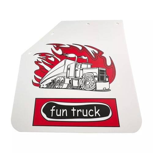 Image of Pair White 24 inch x 24 inch Angled Mud Flaps with Fun Truck Pattern Semi Truck Splash Guard 1 /5 inch Thick Polymer