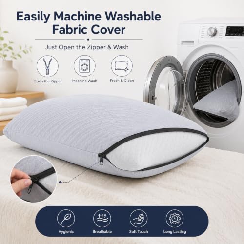 Image of Premium Knitted Fabric Memory Foam Bed Pillow, Standard Size 25 x 17 Inches, Orthopedic Neck Support Pillow with Removable Washable Zipper Cover, Grey Set of 2
