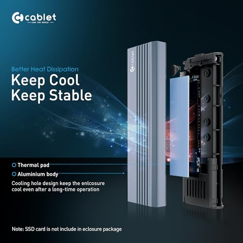 Image of Cablet NVMe M2 SSD Enclosure, USB 3.2 Gen2 10Gbps, Tool-Free NVMe Case Realtek RTL9210 Chipset, USB-C PCIe NVMe Reader, Max 8TB Aluminium Case, Supports M & B&M Key SSDs 2230 /2242 /2260 /2280 (MS902-C3)