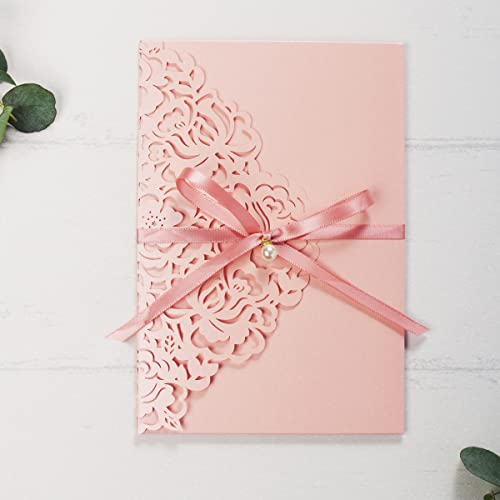 KUCHYNEE 50PCS Pink Blank Quinceanera Invitation Cards with Envelopes 5x7.3 Inch Laser Cut Hollow Rose Pocket with Ribbon invitations for Quincenera Birthday Invite by KUCHYNEE - Used condition - Image 5