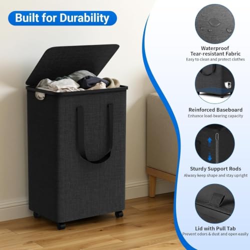 Laundry Basket with 5 Wheels, Rolling Laundry Hamper, 90L, Deep Gray - image 6