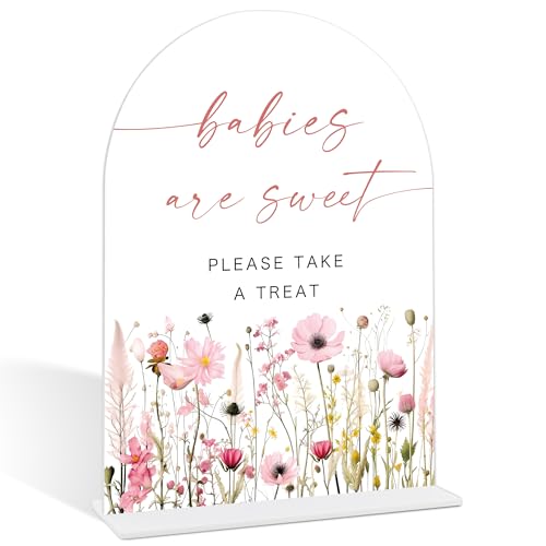 Pink Flower Babies are Sweet Please Take A Treat Sign, Dessert Table Decor, Baby Shower Table Centerpieces, Gender Reveal Decor, Party Favors Supplies, Acrylic Arch Baby Shower Sign With Base-14