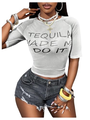 Image of RoseSeek Women's Sheer Mesh Letter Graphic Tees Short Sleeve Crew Neck Y2K Vintage Summer Going Out Crop Tops