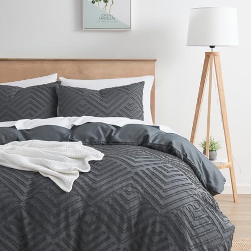 Image of Boho Queen Duvet Cover Set - Textured 3 Piece Tufted Grey Duvet with Zipper Closure, 1 Queen Size 90x90 Inches and 2 Pillow Shams