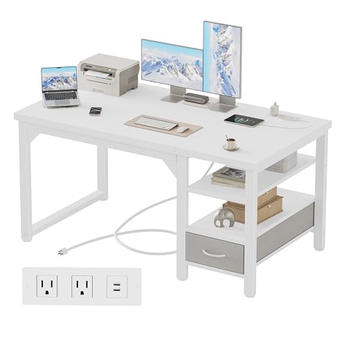 Image of Mericonia 48 inch Computer Desk with Drawer, 1.2 inch Thick Reversible Office Desk | Modern Writing Table with Power Outlets & Storage Shelves, Heavy Duty Industrial Study Desk for Home Bedroom Work