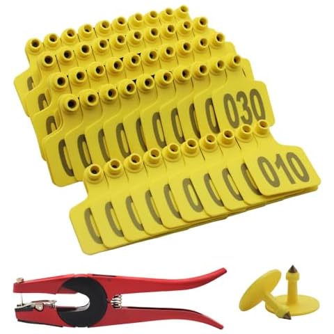 001-100 Cattle Ear Tags with Pliers Livestock Identify Kits for Cow(Yellow) Cover