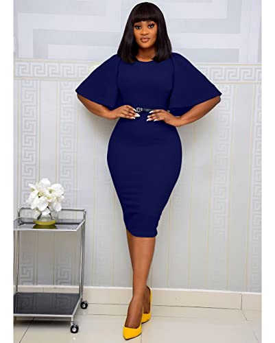Image of Memoriesea Women's Basic Bodycon Ruffle Flared Short Sleeve Pencil Midi Dress