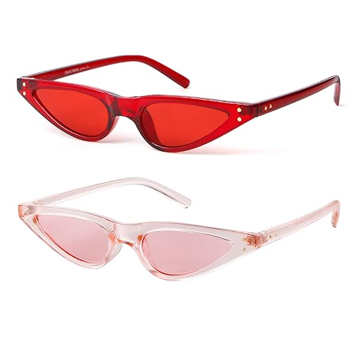Y2K Retro Small Cat Eye Sunglasses Womens Tinted Colored Lense Skinny Tiny Sun Glasses 2 pack (Burgundy/Red + Pink/Pink)