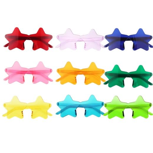 WKAYsIV Star Sunglasses Bulk Colorful Rimless Star Glasses Transparent Candy Color Sunglass for Adult Kids (9PCS)