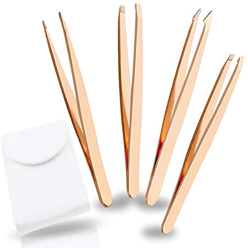 Dr.Nail Professional Stainless Steel Tweezers Set,4Pcs Precision Tweezers for Eyebrows, Facial Hair Removal,Ingrown Hair, Splinter, Blackhead and Tick Remover Best Precision Tweezers (Rose Gold)