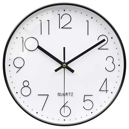 VIKMARI Horloge Murale, Petit 20cm Moderne Blanc et Noir Horloge en Verre, Silencieuse Pendule Murale pour Salon Cuisine Salle de Bain Chambre à Coucher