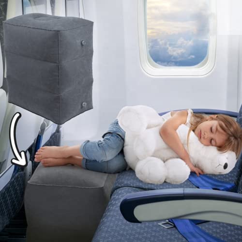 Image of Inflatable Travel Foot Rest Pillow - 3-Layer Adjustable Height Leg Rest for Airplane, Car, Office & Toddler Flight Seat Extender - Soft Flocked PVC, Portable with Pump & Dust Bag (Pack of 2, Dark Grey)