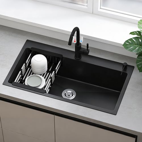 SXDMOUBK Fregadero de Estilo rústico de Acero Inoxidable 304 Negro con Grifo, Fregadero de un Solo Seno de 80 cm x 45 cm, Montaje sobre encimera o con Soporte, tuberías de Agua fría y Calie