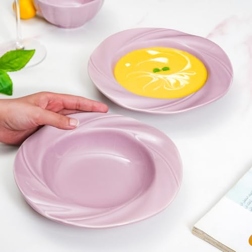 Image of Nestasia Ceramic Pasta Plates Set of 2 (300ml Each) | Microwave & Dishwasher Safe Serving Plate with Flared Rim Whirlwind Design - Ideal for Serving Pasta, Maggie & Noodles (Mauve)