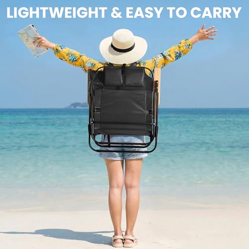 Cansky Portable Beach Chair for Adults, Outdoor Lightweight Camping Chair with Wooden Desgin Armrests, 5-Position Reclining Flat Lay, Cup Holder, Zipper Pouch, Backpack Design, No Towel Rack, Black - image 3