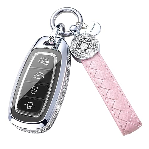 SHANGHONG Funda para llavero Hyundai con llavero, funda protectora de piel auténtica con cristal compatible con Hyundai Sonata Santa fe Tucson 2022 2021 2020 (modelo 2, rosa)