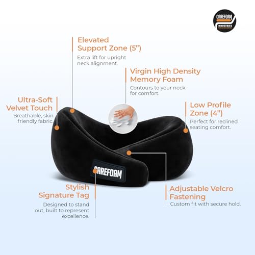 Image of CareFoam Virgin Memory Foam Travel Neck Pillow for Airplane, Car & Train - Dual Height (5 inch & 4 inch) 360 Neck Support with Adjustable Velcro Fastening & Ultra-Soft Velvet Cover