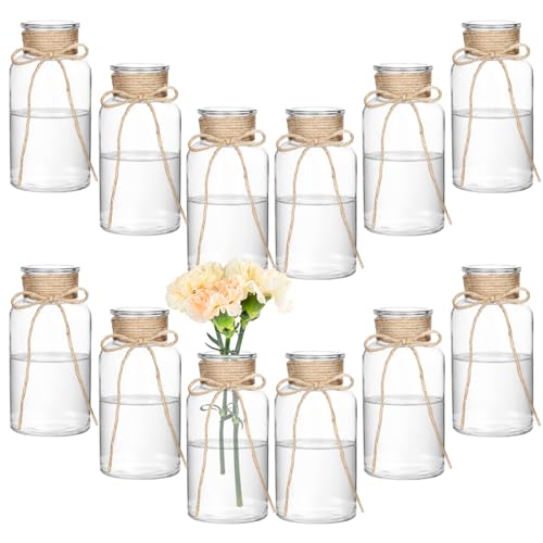 Vintage Clear Glass Vases for Flowers – Set of 12 Decorative Cylinder Vases with Hemp Rope for Farmhouse Wedding Centerpieces, Reception Table Decorations, Home Decor, Floral Arrangements