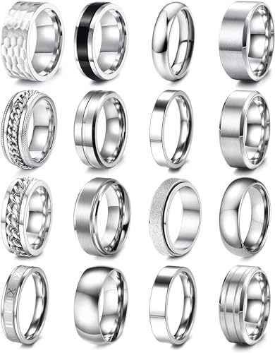 RIOSO 16Pcs Men's Stainless Steel Rings Cool Band Ring for Women Men Simple Wedding Engagement Ring Set