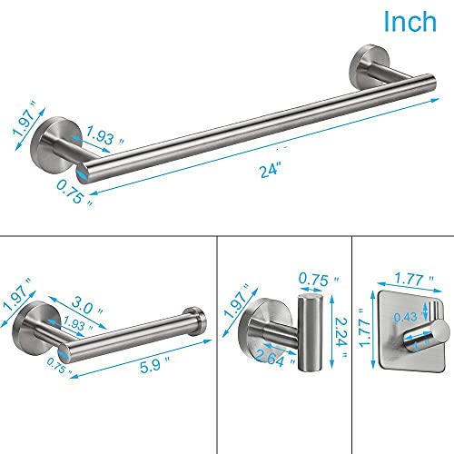TocTen 5 PCS Bathroom Hardware Set SUS304 Stainless Steel-Towel Rack Set Include Lengthen Hand Towel Bar+Toilet Paper Holder+3 Robe Towel Hooks Bathroom Accessories Towel Bar Set(Brushed Nickel,24IN)
