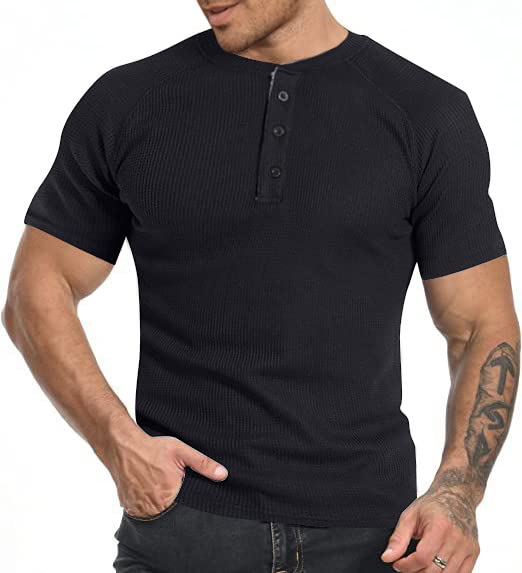 Men's Short Sleeve Waffle Henley Fashion Casual Slim Fit Classic Basic Button Henley T-Shirts