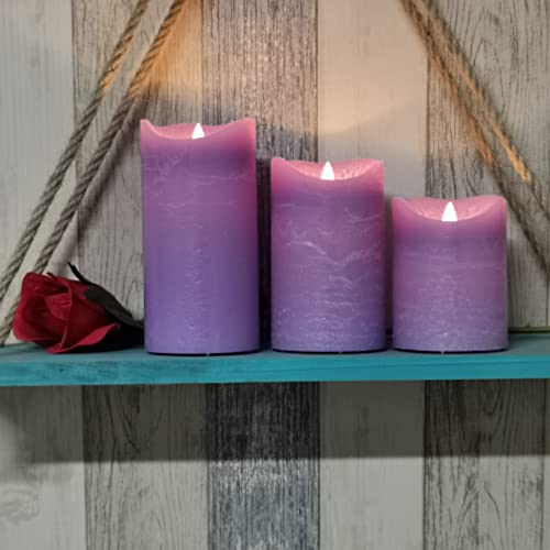 Image of CANDLE CHOICE Battery Operated Flameless Candles with Timer Real Wax Realistic Flickering Electric LED Pillars Automatic Built-in Daily Cycle 6-hour on 18-hour off 3 PCS Rustic Texture Lavender Purple