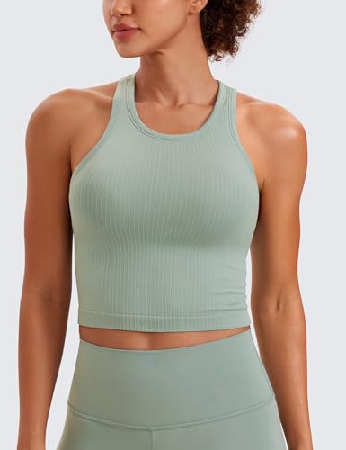 Image of CRZ YOGA Seamless Ribbed High Neck Crop Tank Tops for Women - Longline Racerback Padded Sports Bras