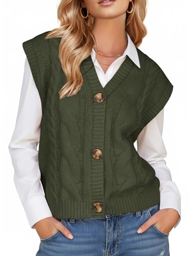EXLURA Women's Fall Fashion Sweaters Vest Tops Sleeveless Button Down V Neck Chunky Cable Knit Cardigan Trendy Outfits 2025 Army Green