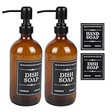 2 Pack Brown Glass Bottle, Soap Dispenser with Stainless Steel Pump,16 oz Hand and Amber Dish Soap Dispensers Set Kitchen,Hand Soap Dispenser Bathroom, Modern Brown Soap Lotion Bottle
