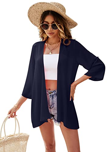 Ietaoo Gilet Long Femme Été Kimono Cardigan Mousseline de Soie Cardigan de Plage Bohème 3/4 Manches Léger Cache-Maillots Plage Veste Solid Bleu Marine S