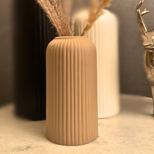 Image of KREATIVE ART'S Modern Ribbed Design Ceramic Flower Vase for Living Room, Flower Pots for Artificial Flower, Home Decoration Item, Home Decor, Vases for Living Room (Beidge, Small)