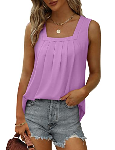 Image of Saloogoe Summer Tank Tops for Women Loose Fit Pleated Square Neck Sleeveless Tops Curved Hem Flowy