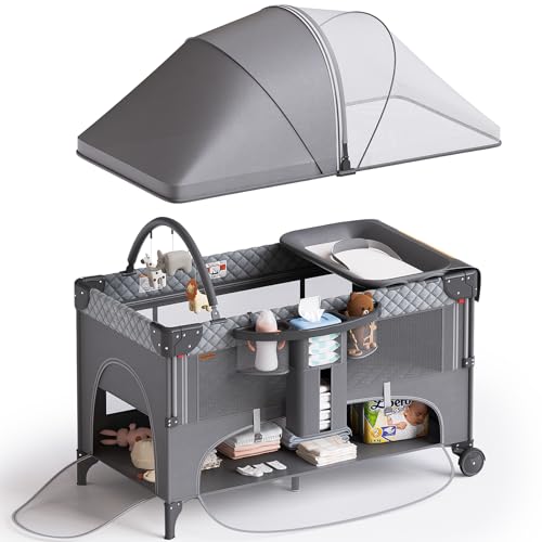 Image of kingobabys 4 in 1 Baby Bassinet,Pack and Play,Bedside Crib Sleeper,Baby Bassinets Bedside Sleeper with Diaper Changer, Mosquito Net,Bottom Storage and Toy Bar for Newborn to Toddles (Grey)