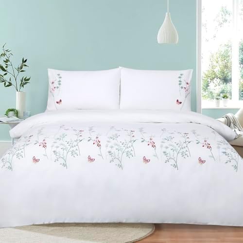 YINFUNG Floral Duvet Cover Set Embroidered Pink White Queen Cotto...