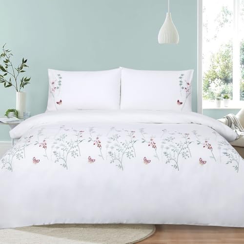 YINFUNG Floral Duvet Cover Set Embroidered Pink White Queen Cotton