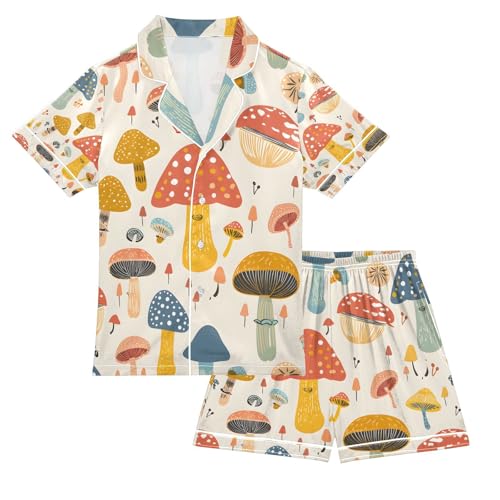 senya Mushroom Simple Satin Summer Pajama Sets Silk Short Sleeve Button Down Sleepwear