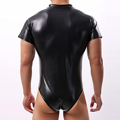 1 ONEFIT Men's Zipper Faux Leather One-piece Short-sleeved Shirt Patent Leather Jumpsuit Shopee2