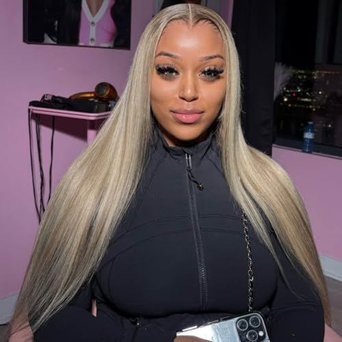Orijodie Ash Blonde Highlight Wig Human Hair 13x4 Transparent Lace Front Wigs Human Hair 180% Density Pre Plucked Blonde Balayage Colored Straight Lace Front Wigs for Women 30Inch