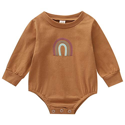 Newborn Baby Girl Boy Crewneck Long Sleeve Rainbow Romper One Piece Bodysuit Jumpsuit Fall Clothes (Khaki, 6-12 Months)