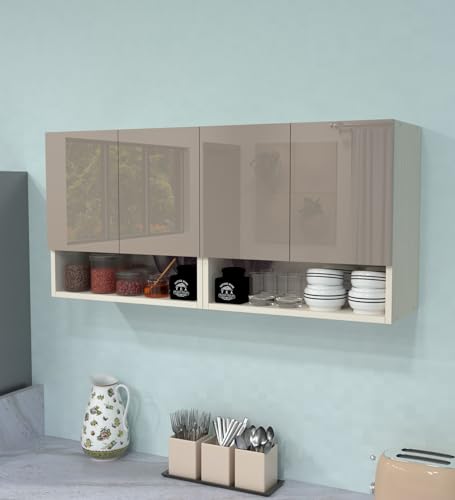 Image of SPECIALITY PANELS 4 Door Wall Cabinet with UV Profile Shutter | Wall Mounted Storage Cabinet for Kitchen Bathroom Living Room | Wooden Wall Cabinet Organizer Mocha Finish DIY Assembly