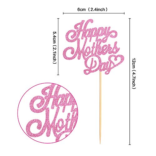 Cyodoos Pack Of 48 Pink Glitter Happy Mother's Day Cupcake Topper Heart Cupcake Picks For Mother's Day Party Decoration #TOP1