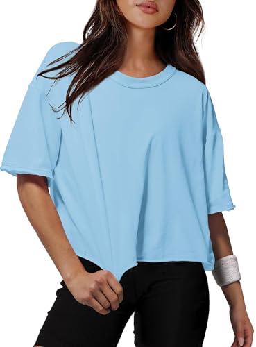 Image of XIEERDUO Cotton Gym Crop Tops for Women UK Short Sleeve Summer Casual T Shirts Loose Fit Sports Yoga Crewneck Ladies Tops Light Sky Blue M