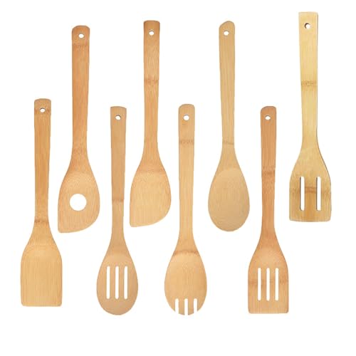 Pfannenwender Holz, 8 Stück Holzlöffel zum Kochen, Kochlöffel Holzkochlöffel Bambus Utensilien Holzlöffel für Antihaft Pfanne