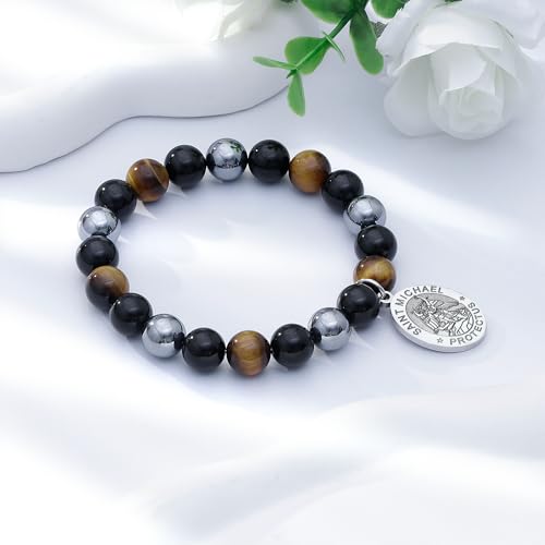 LIUANAN St Michael Bracelet for Men with Tiger Eye, Hematite, and Obsidian Saint Michael the Archangel Religious Gift Christian Faith Jewelry Protection Bracelet4