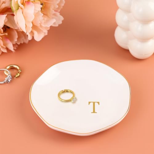 Plateau à bijoux en céramique blanche avec initiale de 11,4 cm