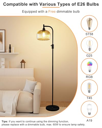 Image of Lightdot 64IN Glass Floor Lamp for Living Room, Dimmable Modern Standing Lamps with Brown Ribbed Glass Shade, Industrial Floor Lamp with Bulb Included for Bedroom /Sofa Beside /Corner Decor-Black